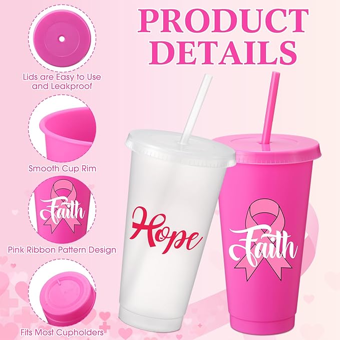 Willinglong 60 Pack Breast Cancer Awareness Gifts Plastic Cups - Image 3