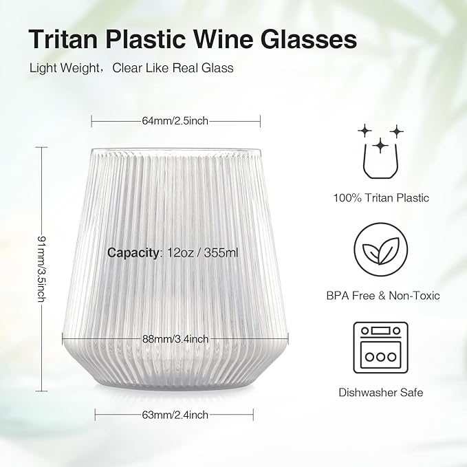 hotder Stemless Wine Glasses Set of 4, 12 oz Tritan Unbreakable, Vertical Design - Image 2