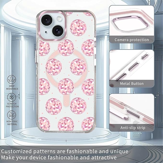 Case for iPhone 13/14, Disco Balls Pink Phone Case Design，for Women Girls - Image 2