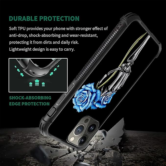 for iPhone 16 Pro Max Case, Skeleton Holding Blue Rose Pattern Graphic Design - Image 2