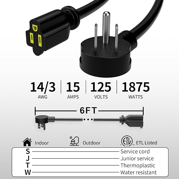 Vockjour 6 FT Black Low Profile Flat Plug 14 Gauge Heavy Duty Extension Cord - Image 2