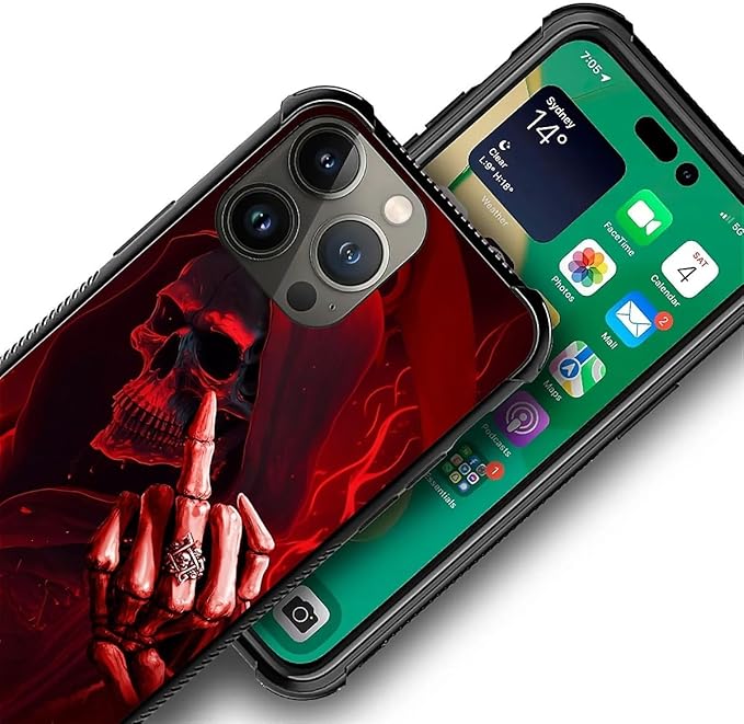 for iPhone 14 Pro Case, Gestures Funny Skull Pattern Graphic Design Girl Boy - Image 2