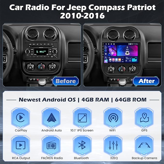 Android 15 Car Stereo for Jeep Compass Patriot 2010-2016, Hikity 10'' IPS - Image 2