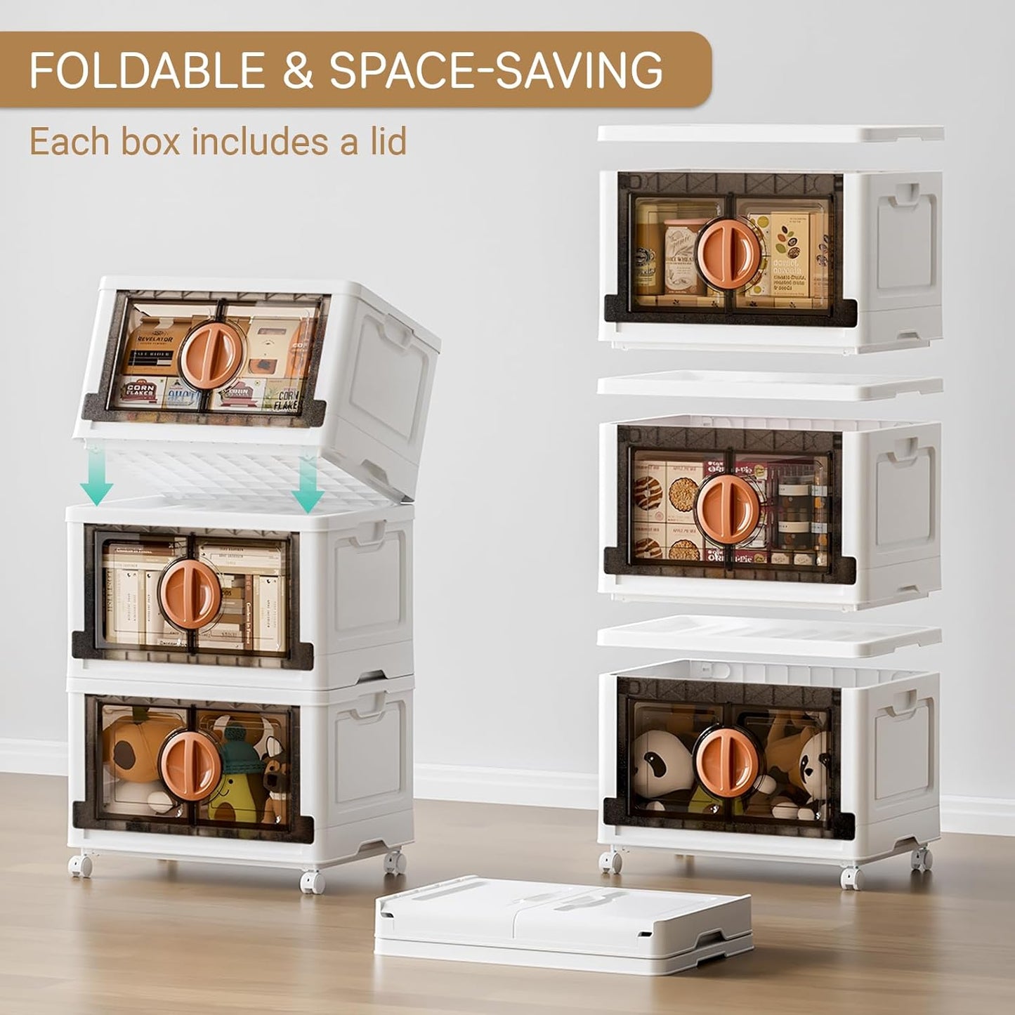 JEKO&JEKO 249Qt Lockable Stackable Storage Bins with Lids, Collapsible Closet Organizer with Wheels, Plastic Cabinet Drawer for Clothes 3 Pack (White)