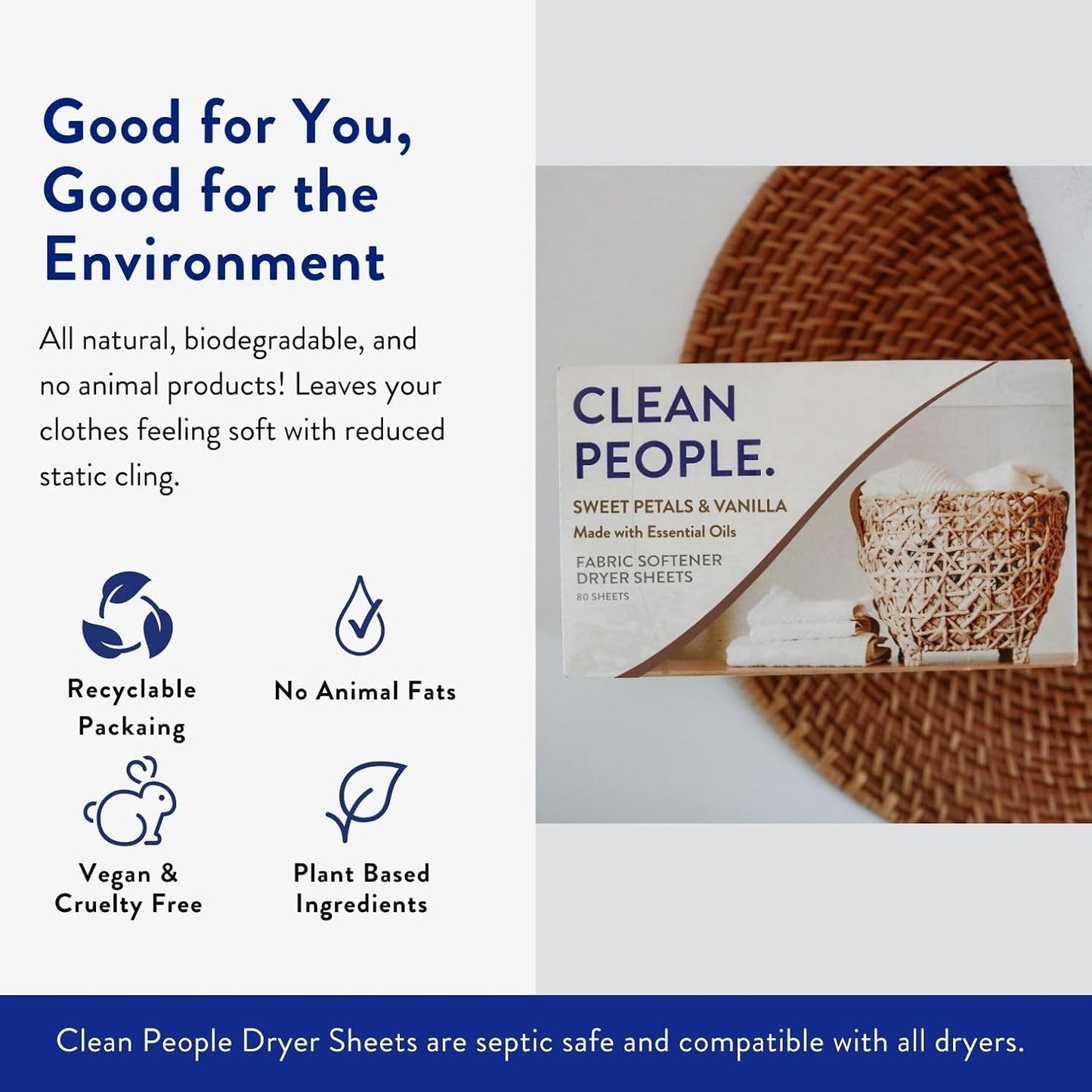 The Clean People Fabric Softener Sheets - Dryer Sheets - Softens & Removes Static Cling - Vegan Laundry Softener, Essential Oils - Sweet Petals, 120 Pack