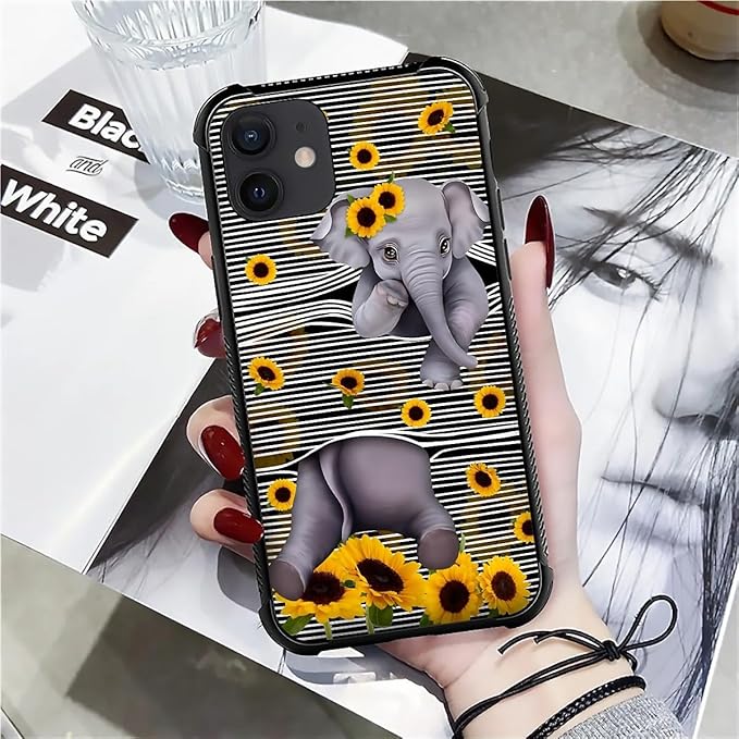 for iPhone 11 Case, Cute Little Elephant Sunflower White Line Art Pattern - Image 7