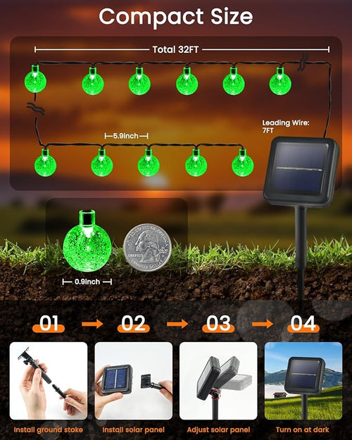 2-Pack 100 LED Green Solar String Lights Outdoor - 64FT Crystal Globe - Image 2