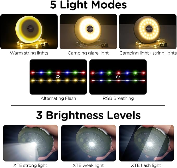 OGERY Camping String Lights, 4 in 1 Quick Storage 32.8FT Rechargeable Tent - Image 3