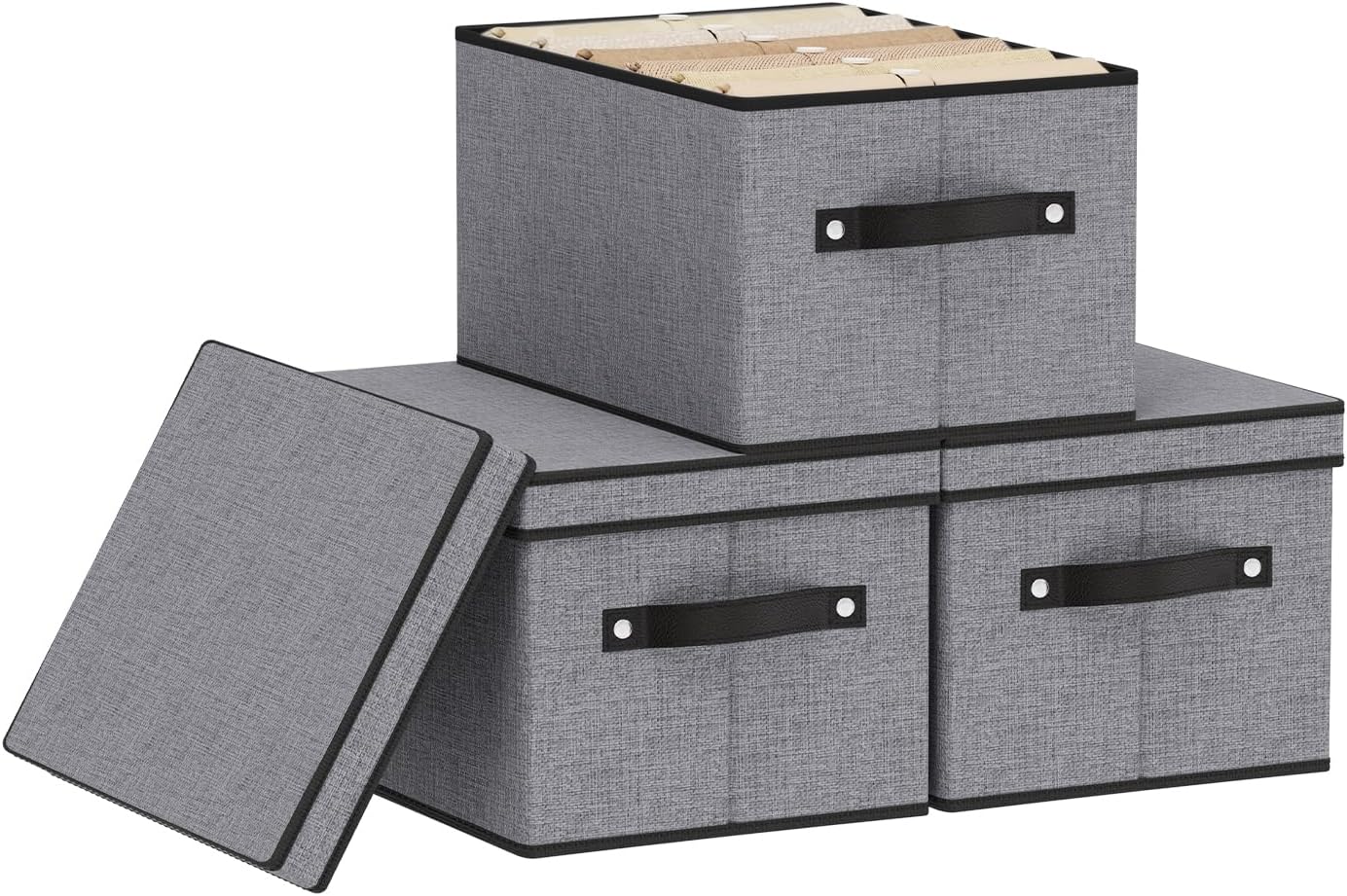 Fabric Storage Boxes, 7.1 x 9.1 x 13 Inch Baskets for Shelves with Lids, Wardrobe Organiser with Handles, Decorative Linen Closet Organizer Bins, Gray, 3 Pack