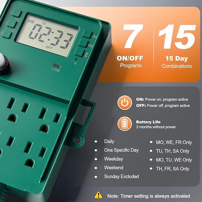 SURAIELEC Outdoor Power Stake, 7-Day Programmable Digital Timer, Power Strip - Image 2