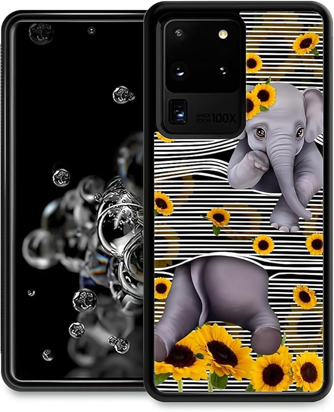 for Samsung Galaxy S20 Ultra Case, Cute Little Elephant Sunflower White Line by FKBRCL4U