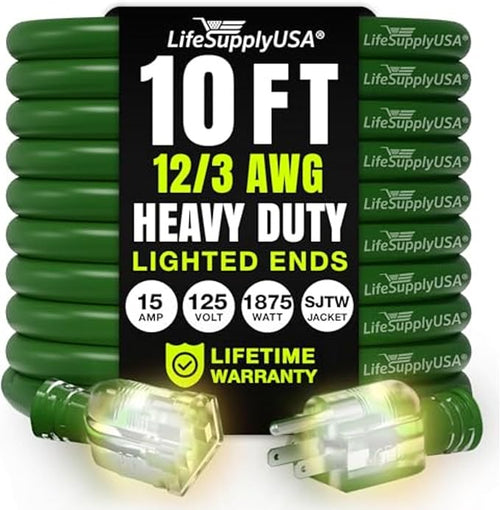 10ft Outdoor/Indoor Extension Cord 12/3 Gauge Extra Heavy Duty 3 Prong SJTW by LifeSupplyUSA