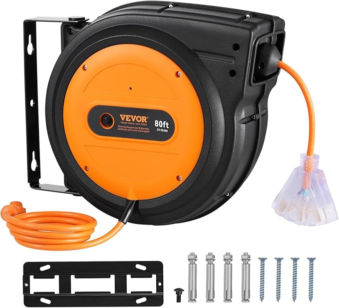 VEVOR Retractable Extension Cord Reel, 80 FT, Heavy Duty 12AWG/3C SJTOW - Image 9