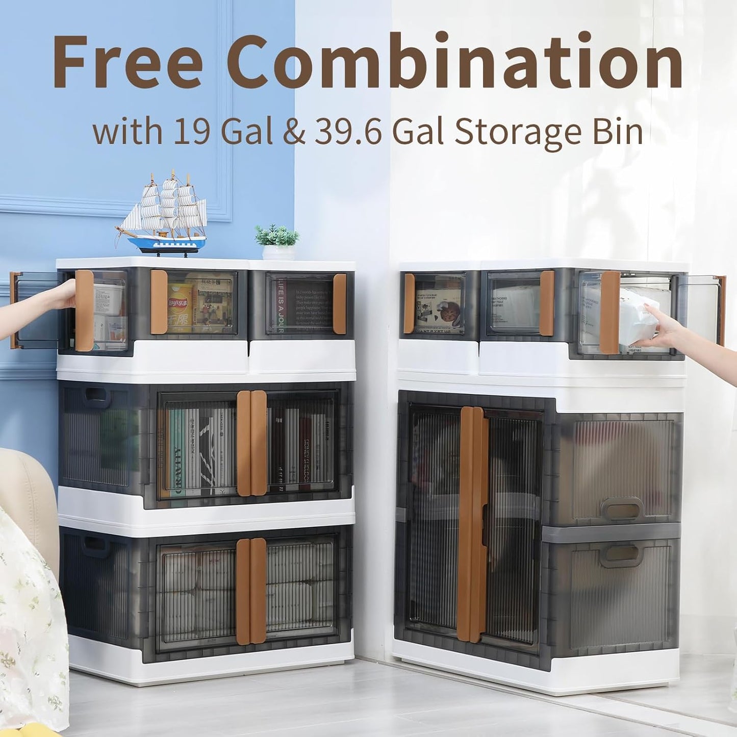 HAIXIN Folding Storage Bins with Left Doors and Right Doors Opening, 6.86 Gal Bookcase, Stackable Storage Cabinet, Plastic Shelves Organizer, Space-Saver Pantry Storage, Room Organization, 6 Pack