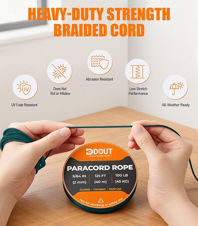DDOUT 2mm Paracord 100lb, Thin Micro Paracord Rope, DKGreen 125FT Nylon Cord - Image 3
