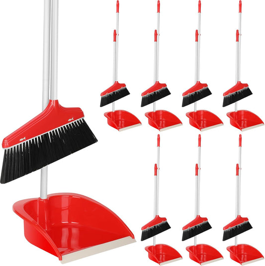 WILLBOND Set of 8 Broom and Dustpan Set Long Handle Broom with Upright Standing Dustpan Broom with Dustpan Combo Set Dust Pan with Long Handle for Lobby Kitchen Office Floor Outdoor Cleaning (Red)