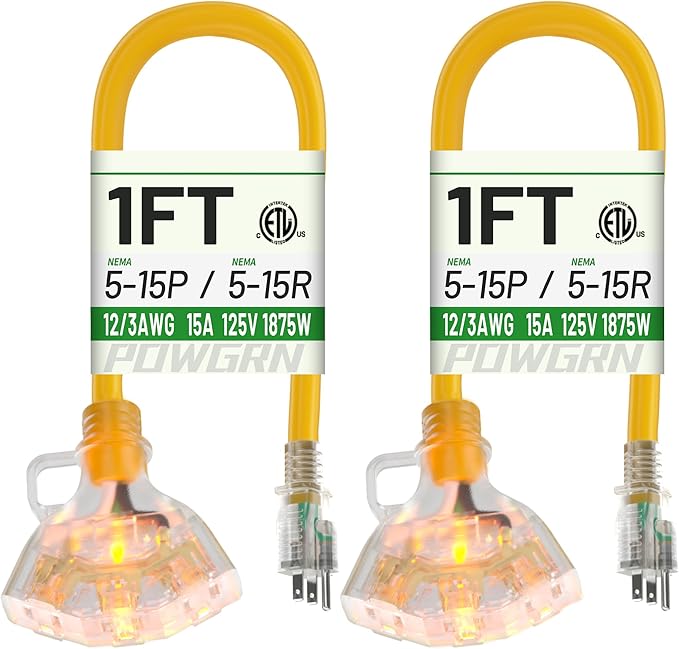 POWGRN 1 FT 2 Pack 12/3 Gauge Extension Cord by POWGRN
