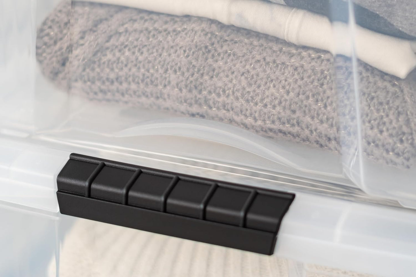 IRIS USA 40 Qt Stackable Plastic Storage Bins with Lids, 4 Pack - BPA-Free, Made in USA - See-Through Organizing Solution, Latches, Durable Nestable Containers, Secure Pull Handle - Clear