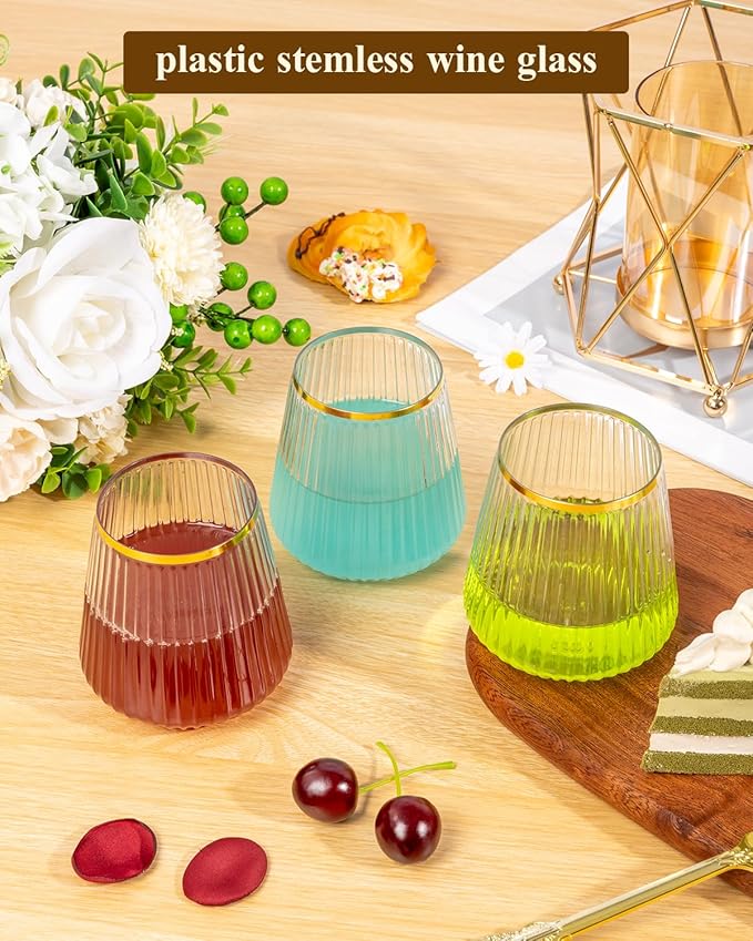 Goodluck 36 Pack 12oz Stemless Plastic Wine Glasses – Clear Ribbed Cups - Image 3