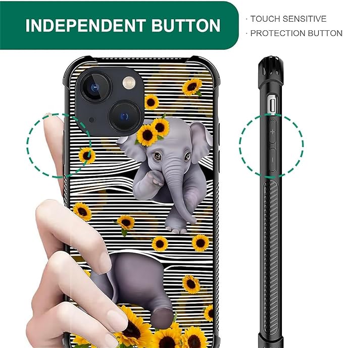 for iPhone 14 Plus Case, Cute Little Elephant Sunflower White Line Art Pattern - Image 5