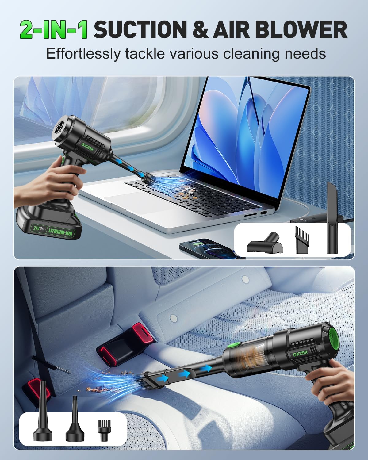 Handheld Car Vacuum Cleaner Cordless 18000PA, 2 in 1 Air Duster & Vacuum Cleaner, High Power Portable Handheld Vacuum with Detachable Battery, Hand Held Vacuum Rechargeable for Car, Home, Office, Pet