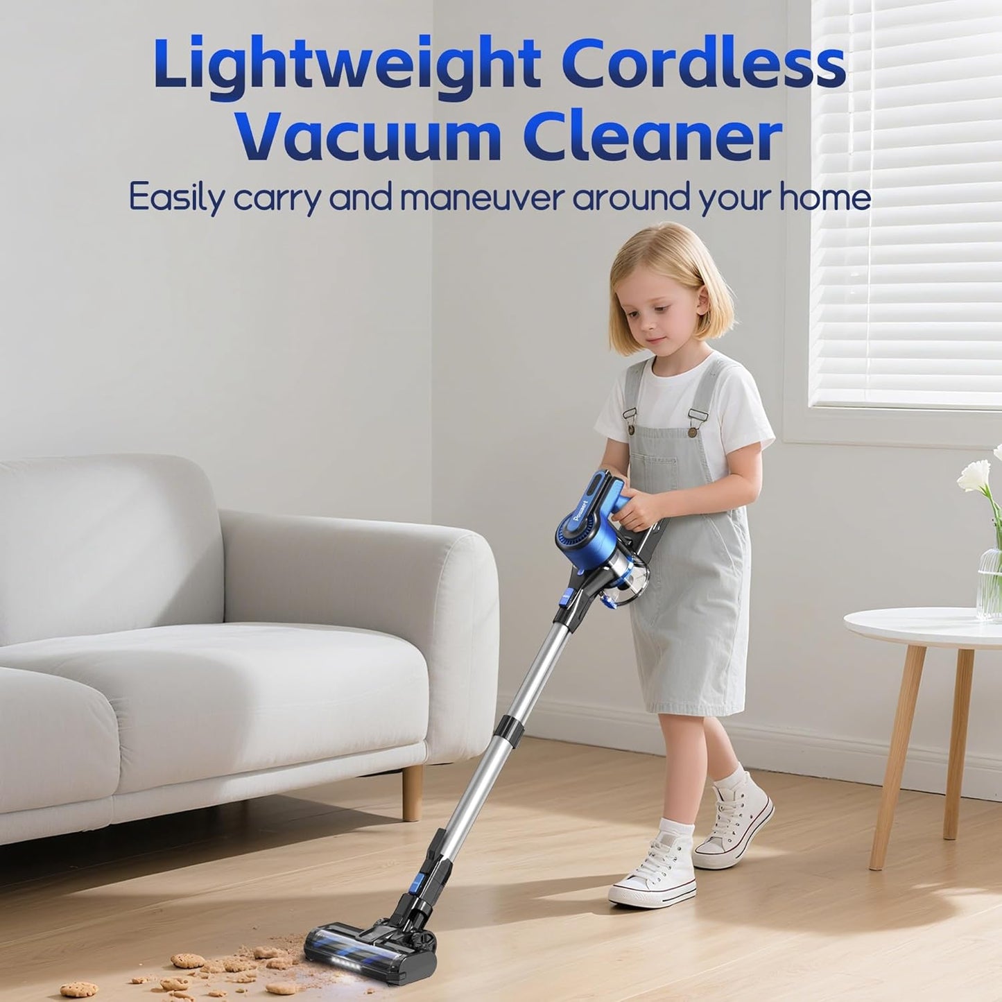 Cordless Vacuum Cleaner for Home, 45Kpa Lightweight Stick Vacuum with Powerful Suction, Rechargeable Battery Up to 50mins, Handheld Vacuum Cleaners for Carpets, Pet Hair，Hardwood Floors - Blue