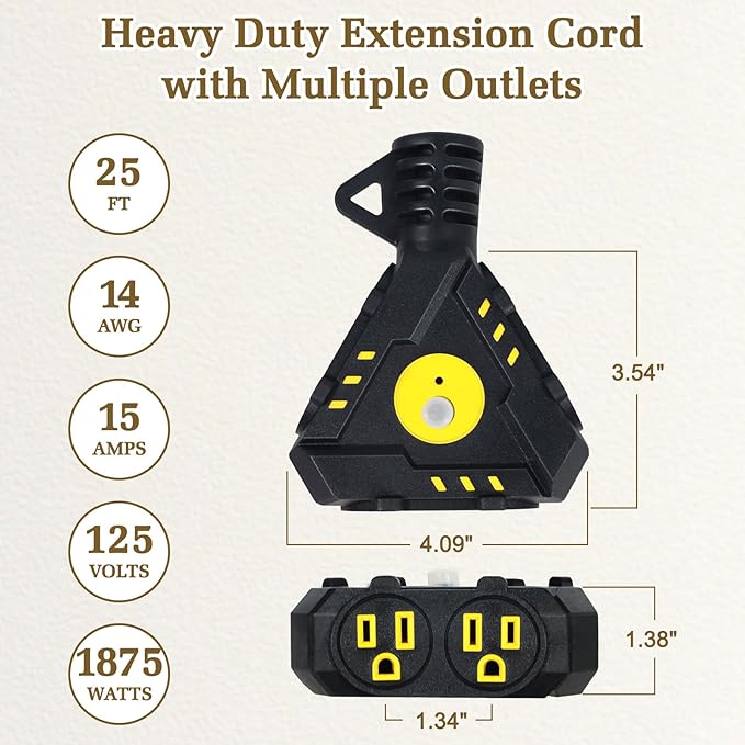 25FT 14 Gauge Outdoor Extension Cord 6-Outlet 14/3 SJTW Heavy Duty Extension - Image 2