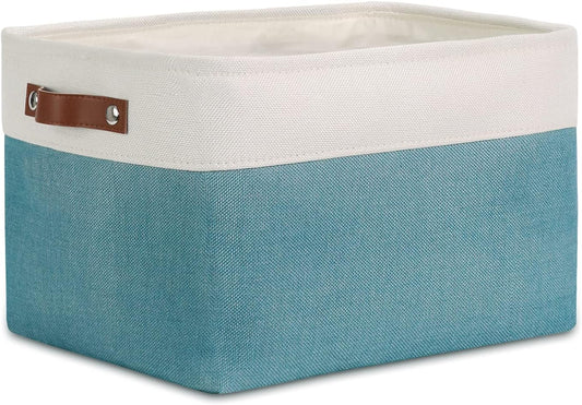 DULLEMELO Fabric Storage Basket for Shelves/Closets, Collapsible Rectangle Basket for Organizing Clothes, Toys, Towels, Books, Laundry, Nursery, Dog Toy Basket Empty (White&Teal)