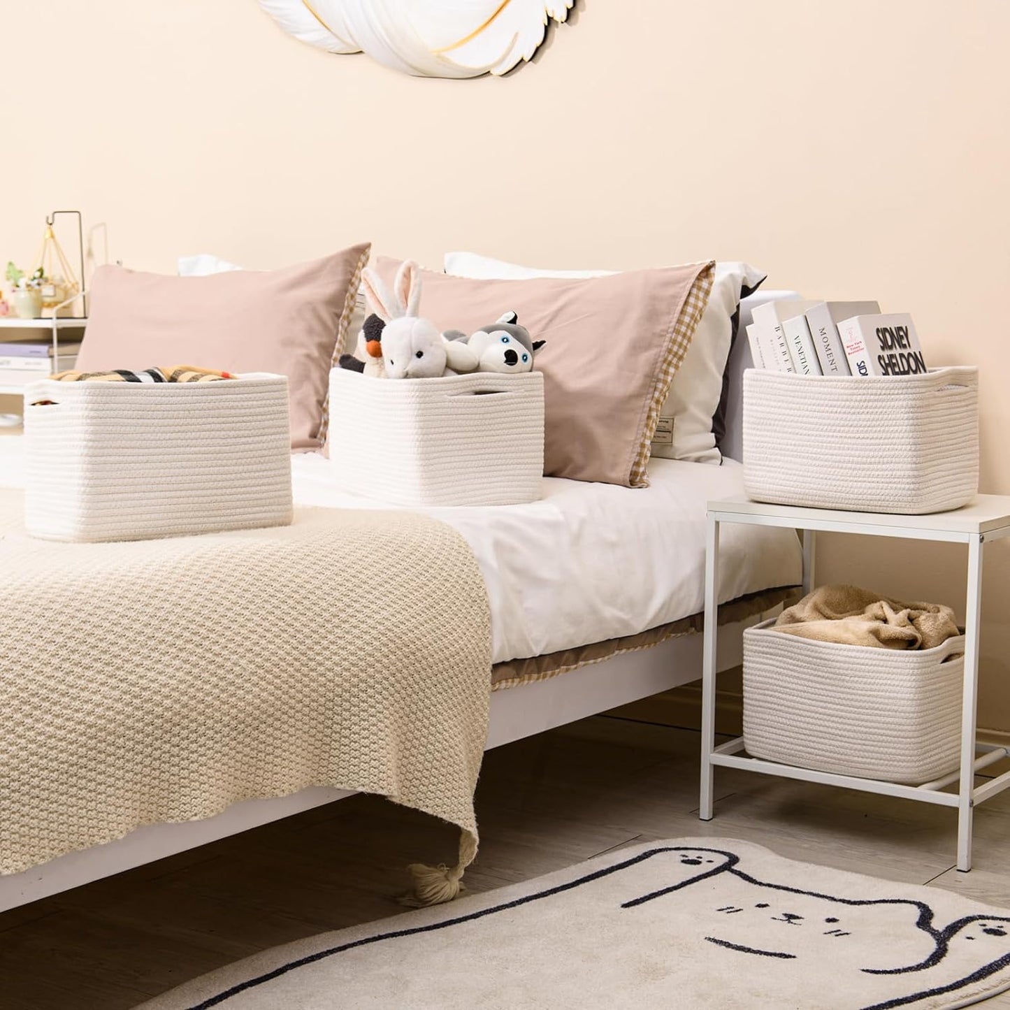 Storage Baskets for Organizing, Woven Basket for Storage, Storage Baskets Bin for Shelves, Cotton Rope Basket with Handles, 12.5"Lx9.1"Wx7.9"H, (4 Packs) Off White