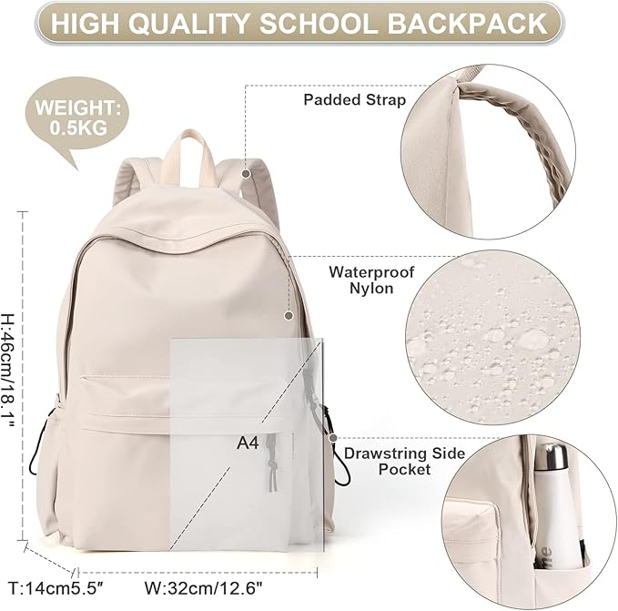 Beige School Backpack for Girls Water Resistant High School Book Bag Simple - Image 4