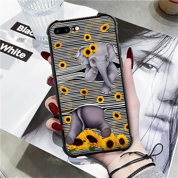 Case for iPhone 7 Plus/8 Plus, Cute Little Elephant Sunflower White Line Art - Image 7