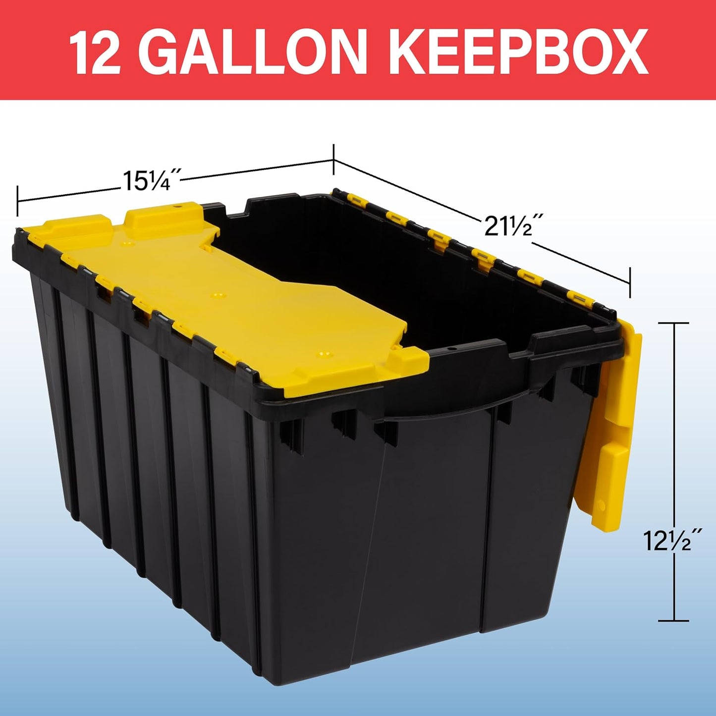 Akro-Mils KeepBox 12 Gallon Storage Container, Nesting and Stackable Plastic Storage Box with Lid Attached, Clear Tote for Garages, Closets, and Moving, 21-1/2" x 15" x 12-1/2", Black/Yellow, 6-Pack