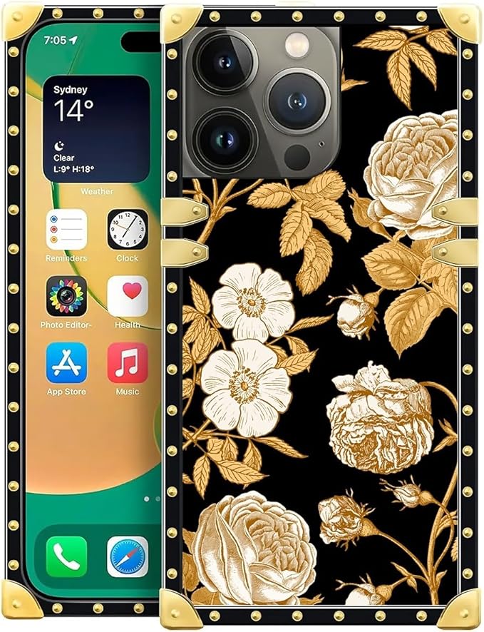 Compatible with iPhone 14 Pro Max Case, Blooming Rose Golden Flower Luxury by Unknown