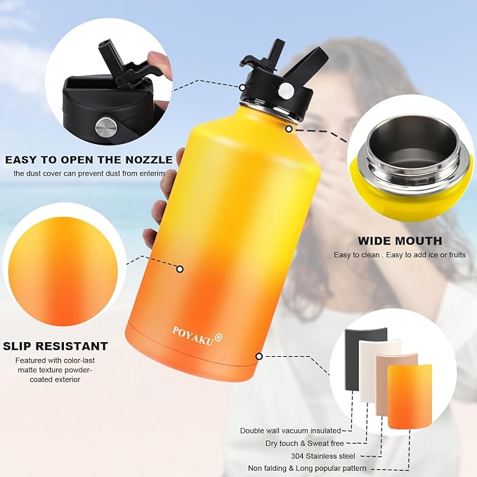 Water Bottle Insulated 32oz 40oz 64oz 128oz Straw Lid Spout Lid & 3 Lids - Image 5