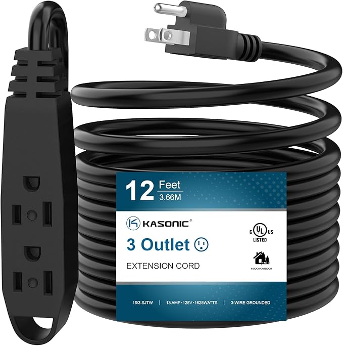 K KASONIC - 12-Feet 3 Outlet Extension Cord, UL Listed, 16/3 SJTW 3-Wire by KASONIC