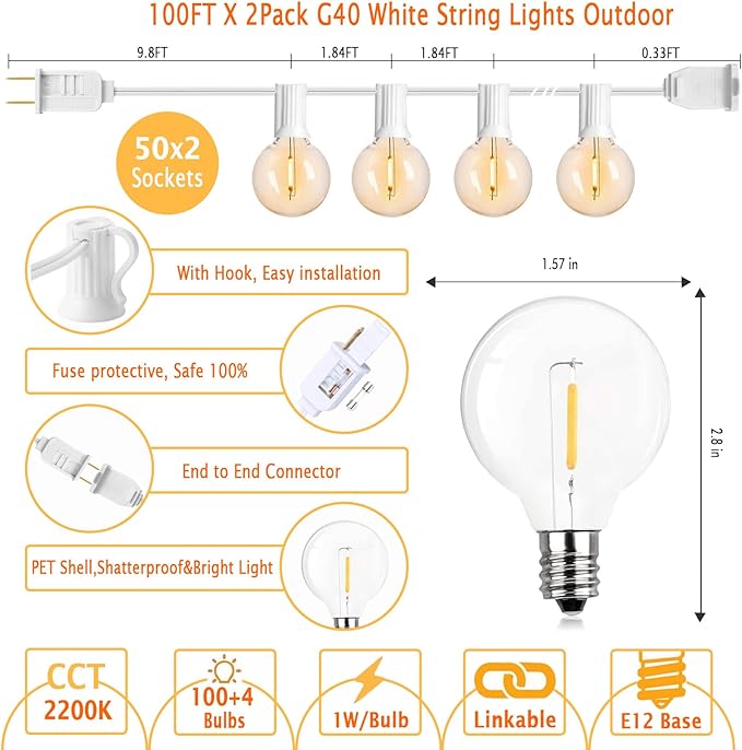 200 Feet White String Lights for Outside G40 Patio Lights Waterproof - Image 6