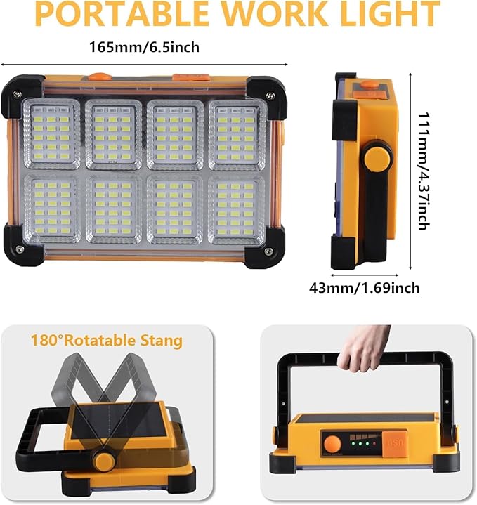 2 Pack 120W Solar Rechargeable Work Light, 144 LED 10000LM Portable Flood Light - Image 3