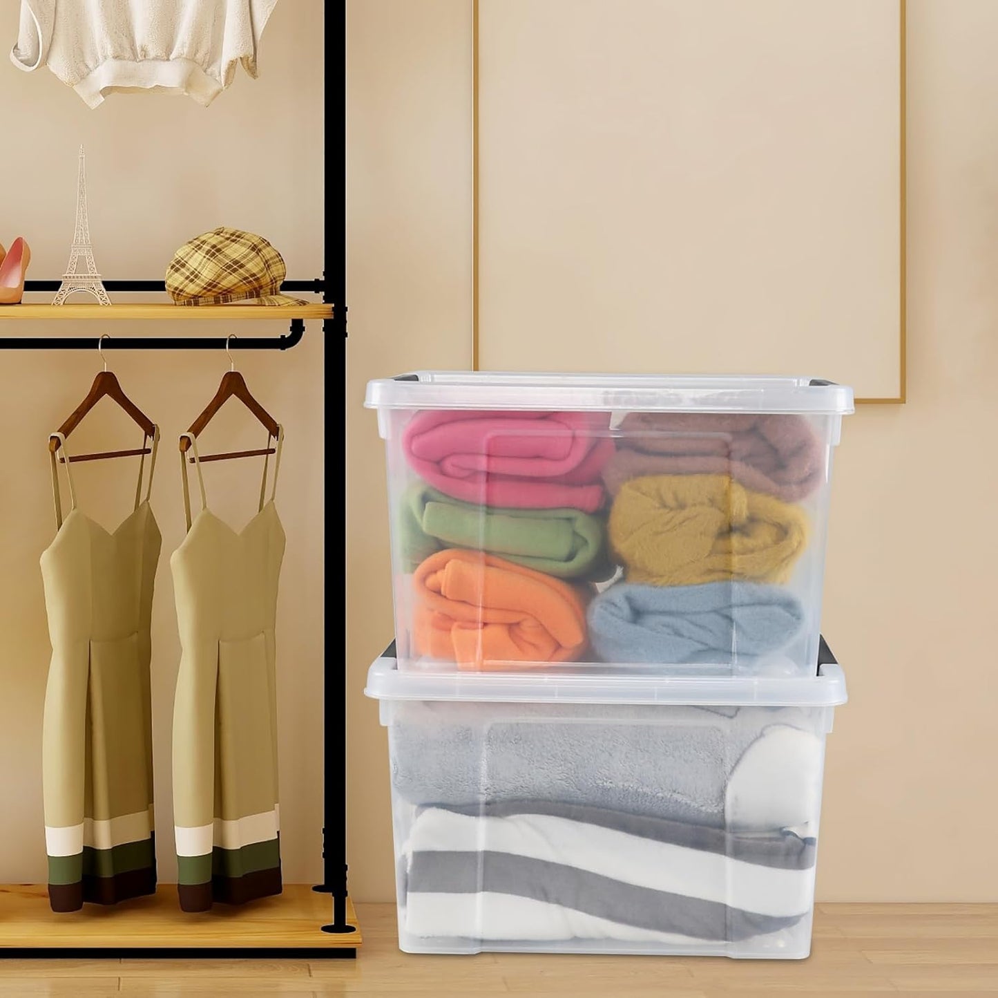 34 L Clear Plastic Storage Bins Box with Lid, Stackable Lidded Storage Bin Container with Wheels and Secure Latching Buckles, 4 Packs