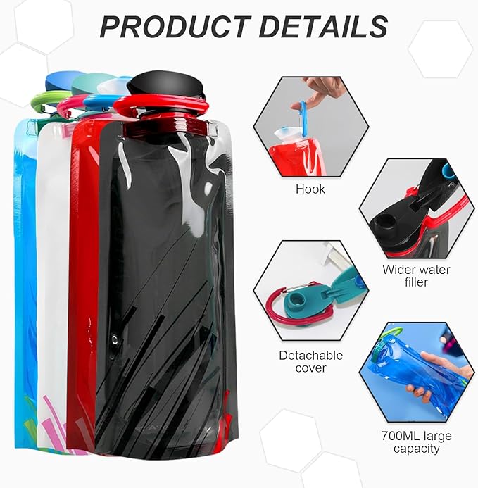4 Pack 700 ml Collapsible Water Bottle, Portable Leakproof Bag - Image 4