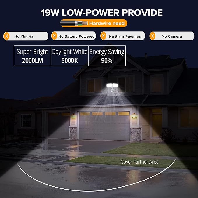 UME 2 Pack 19W LED Flood Light Motion Sensor Outdoor, 2 Adjustable Head - Image 2