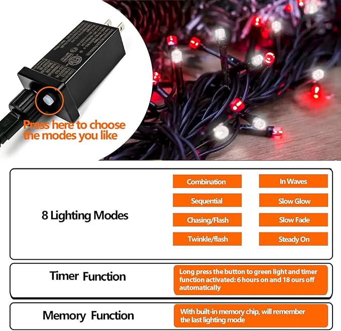 75.8 FT 200 LED Red and White Christmas Lights Outdoor Indoor, Timer & Memory - Image 8