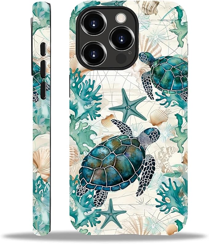 for iPhone 14 Pro Case, HH2 Ocean Sea Turtle Nautical Map Hybrid 2 Layer Hard by Unknown