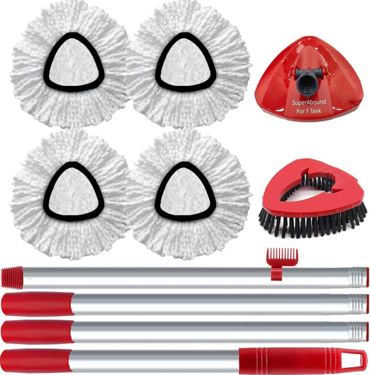 4 Pack Spin Mop Replacement Head Compatible with O Cedar EasyWring 1 Tank Microfiber, 30-58" Handle, Upgraded Triangle Mop Base and Scrub Brush Combo Set