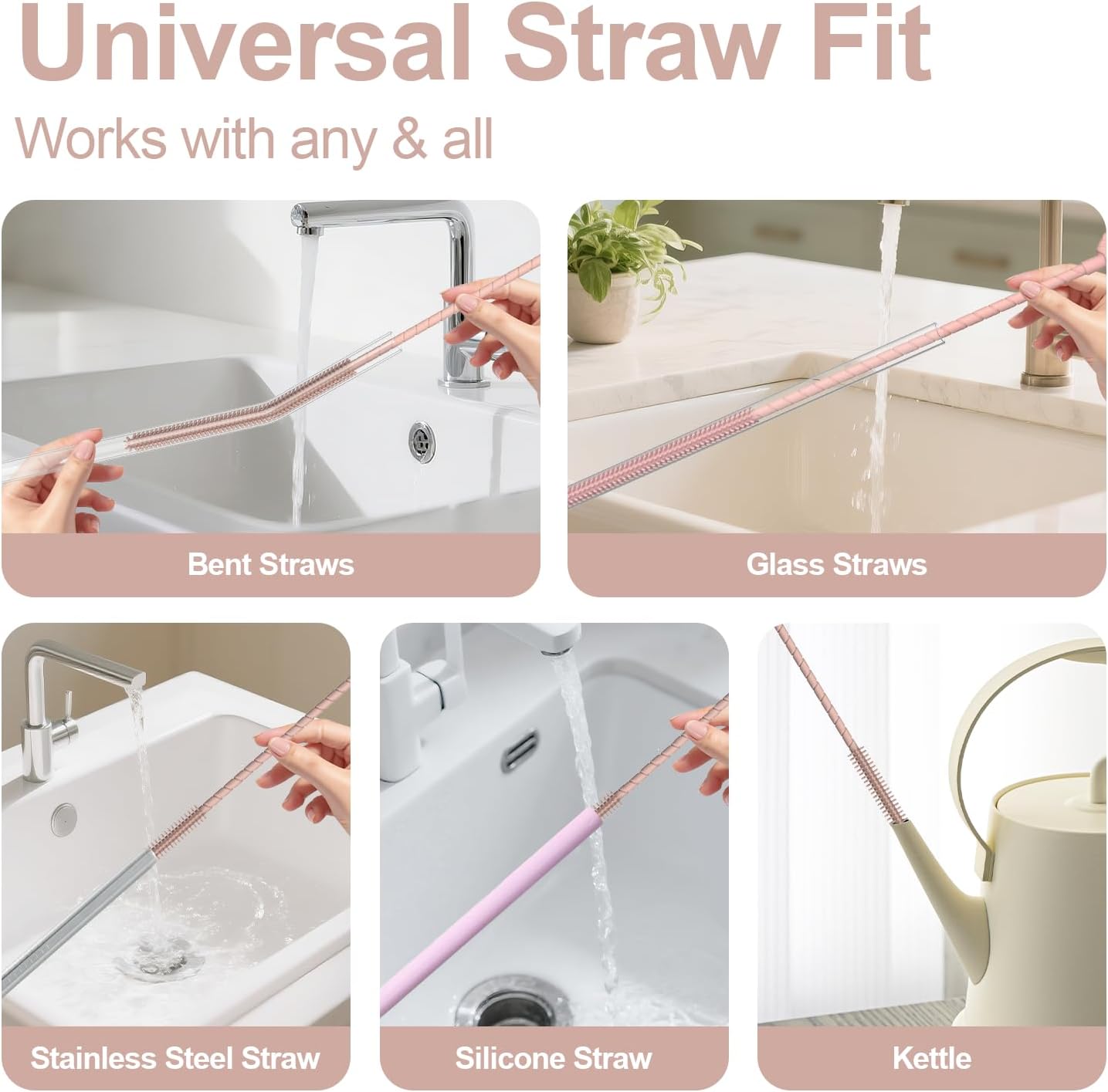 YOTIME Silicone Straw Cleaner Brush, 2 Pcs Reusable Straw Brush(6mm+9mm) for Cleaning Narrow & Wide Straws, Tumblers, Pink