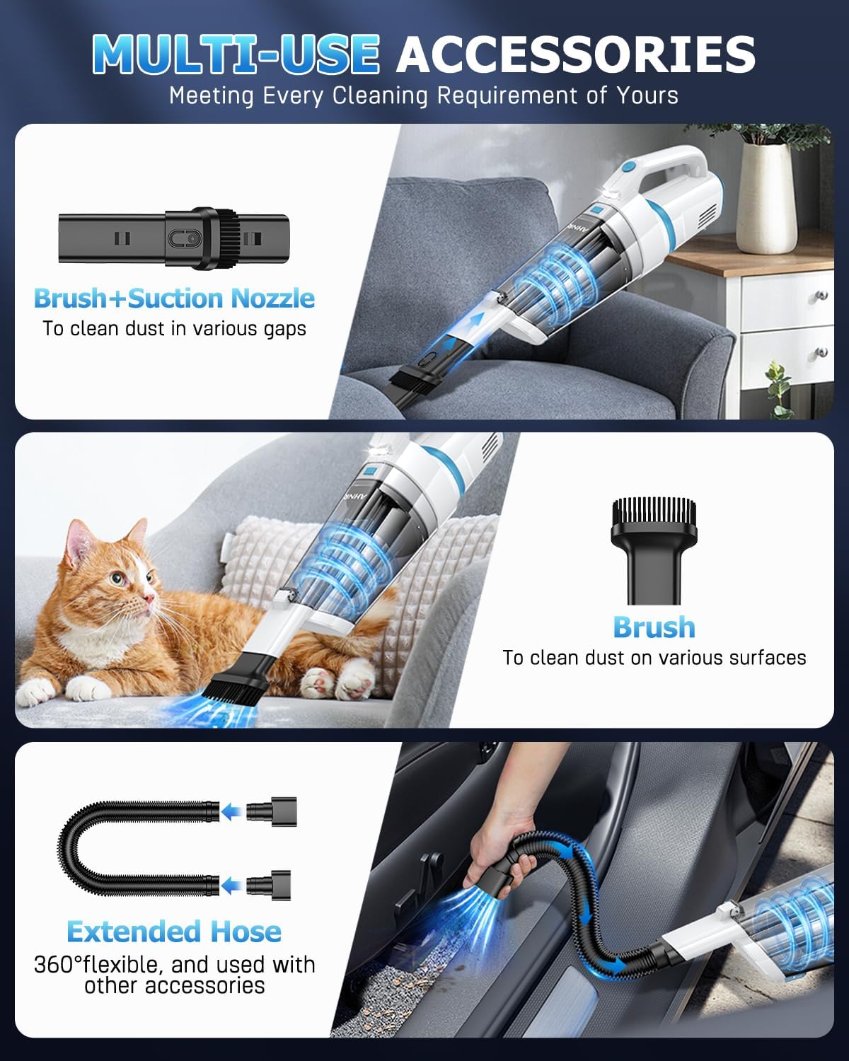 AHNR Handheld Vacuum Cordless, 16000PA Powerful Suction Hand Held Vacuum Dust Busters Cordless Rechargeable with LED Light & 2 HEPA Filters, Portable Car Vacuum Cleaner High Power for Car Home Office