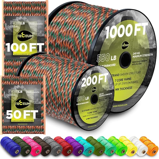 TECEUM Reflective Paracord Rope 1000 – 1000ft/200ft/100ft/50ft – 40+ Colors – by TECEUM