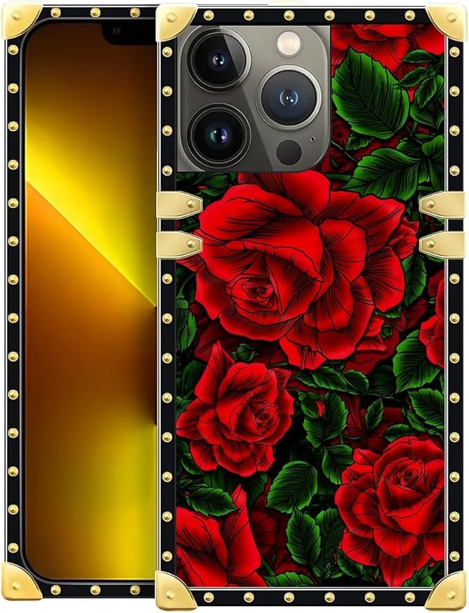 Compatible with iPhone 13 Pro Case, Vector Red Rose Green Leaf Luxury Golden by Unknown