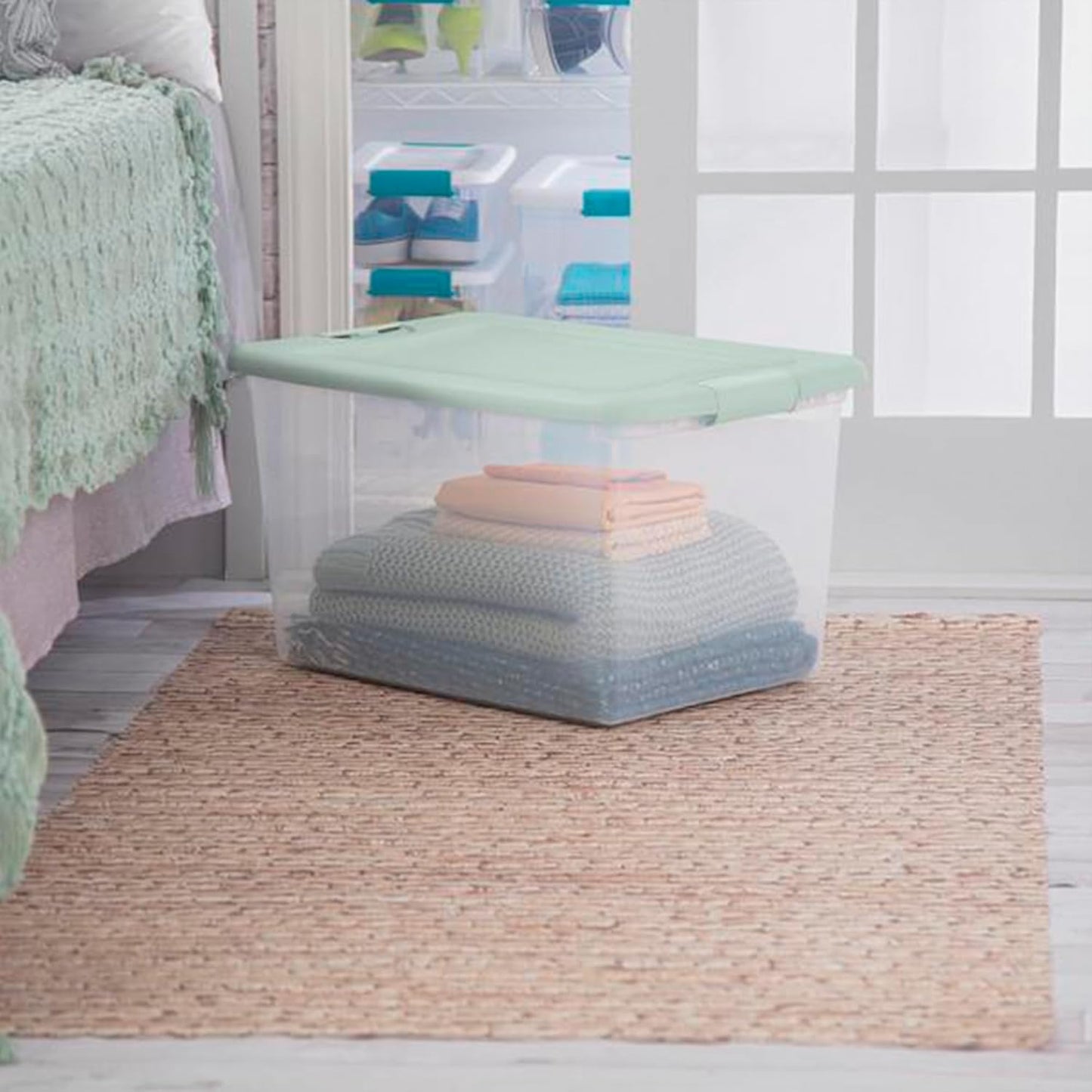 Sterilite 6 Pack Latching Box, Clear Plastic Stackable Storage Bin with Lid, 64 Quart, Mindful Mint