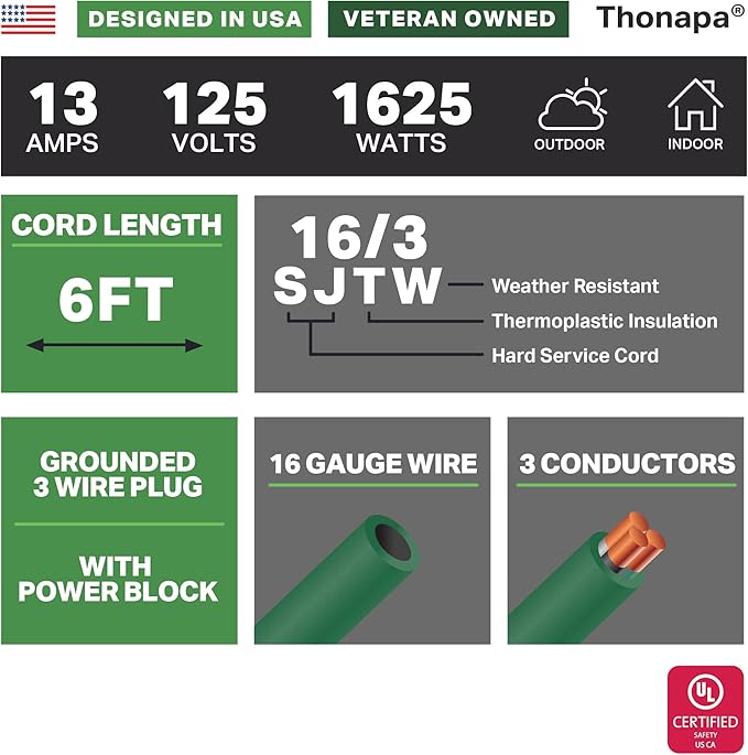 Thonapa Weatherproof Green Extension Cord 6 ft 3 Outlets, 16/3 SJTW Outdoor - Image 2