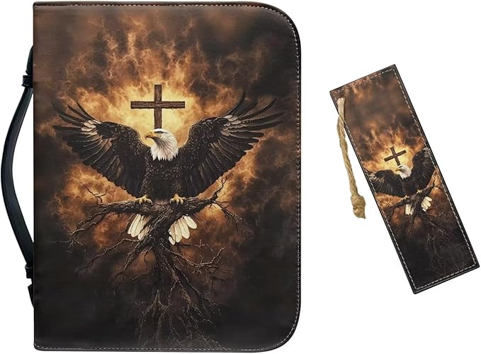 Large Bible Cover Case for Women Men Bald Eagle and Cross Print PU Leather by Unknown